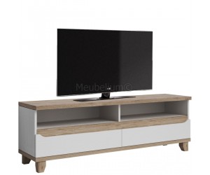 Meuble TV contemporain 170 cm avec 2 niches et 2 tiroirs coloris chêne et blanc Mélanie