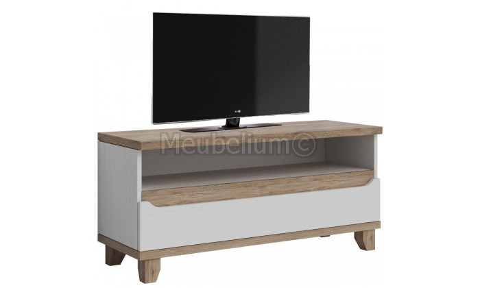 Meuble TV contemporain 120 cm avec 1 niche et 1 tiroir coloris chêne et blanc Mélanie