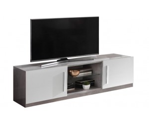 Meuble TV 2 portes 156 cm blanc et marbre gris laquée Odetta-1