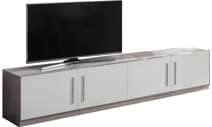 Meuble tv 208cm 4 portes battantes blanc et marbre gris laquée Odetta-1