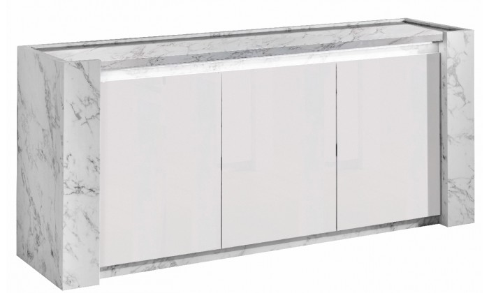 Bahut design 3 portes battantes blanc et marbre gris laquée Victoire-1