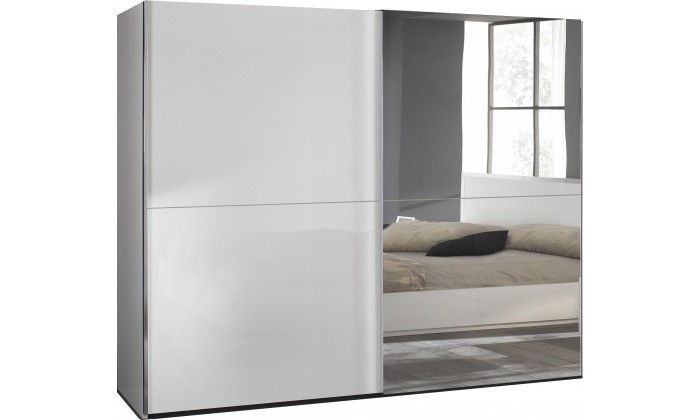 Armoire 233 cm 2 portes coulissantes design blanc laqué et miroir qualité italien AMARIO