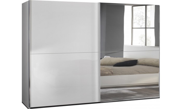 Armoire 263 cm 2 portes coulissantes design blanc laqué et miroir qualité italien AMARIO