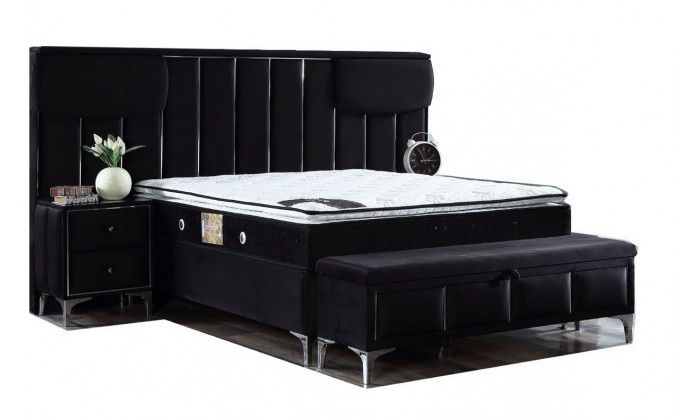 Grande lit design complete boxspring tissu avec coffre de rangement et matelas noir avec led LESSON